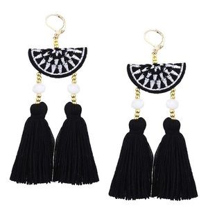 Black & Gold Tassel Statement Earrings